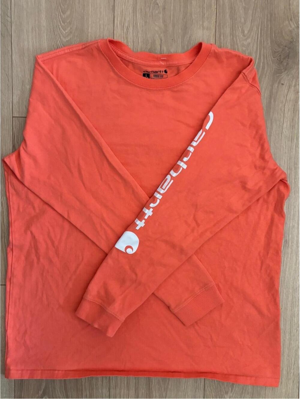 Carhartt Coral-Orange Crewneck Tee with Black Logo Print